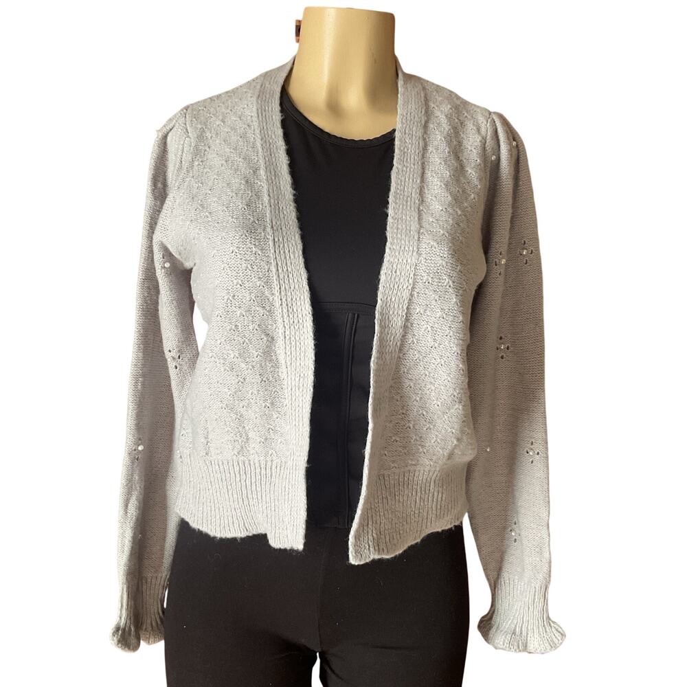 Adrienne Vitadini Gray Embellished Cardigan Sweater Sz M Elegant Open Front NWT